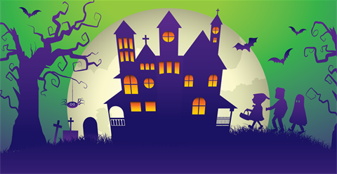 Purple spooky house with lighted windows and bats flying on the horizon
