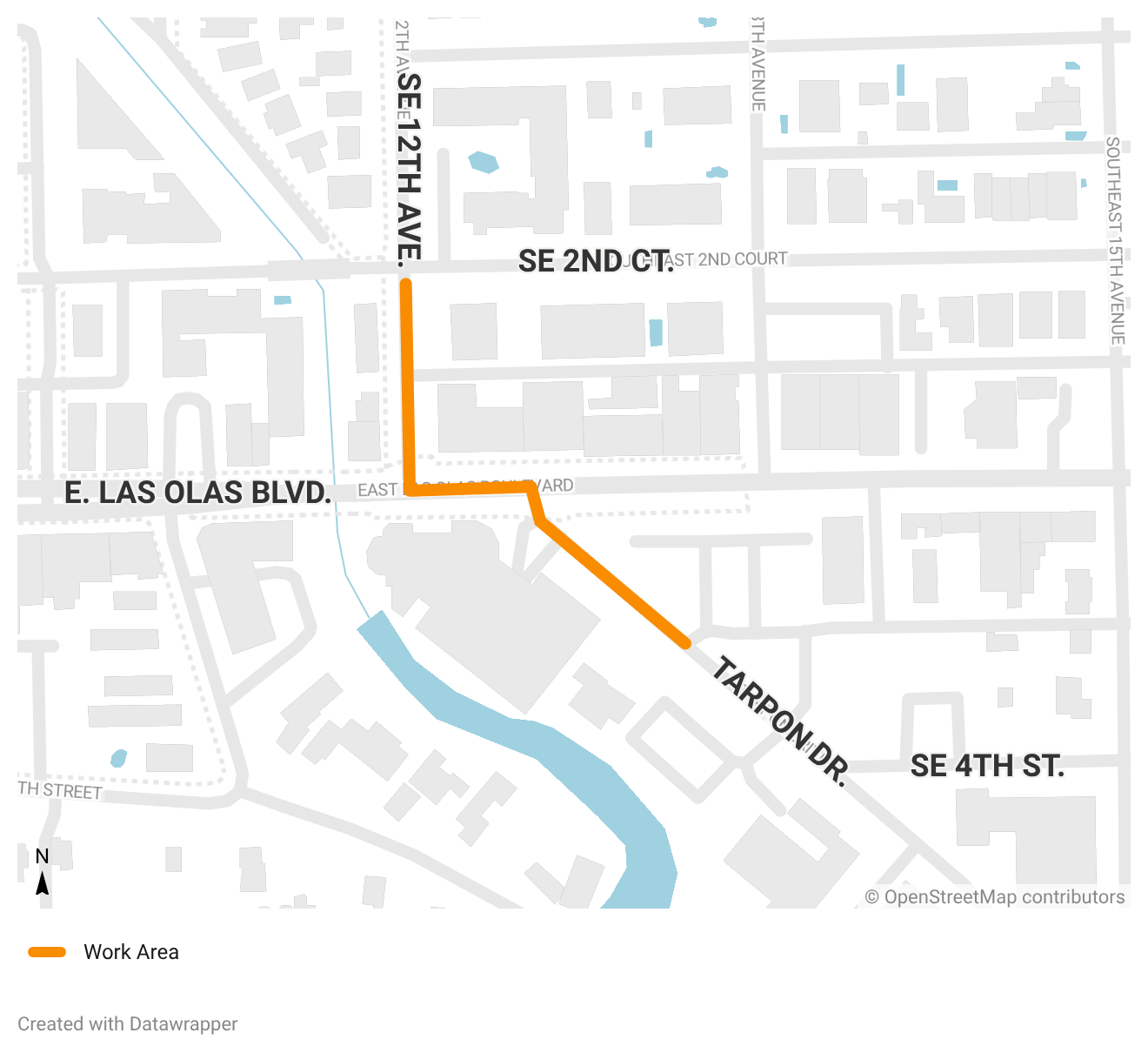 Map of Sewer Force Main Replacement on SE 12th Ave., E. Las Olas Blvd., & Tarpon Dr.